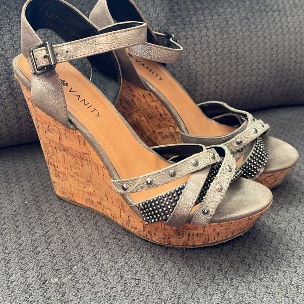 Vanity Silver and Brown Wedge Sandals with Cork Heel